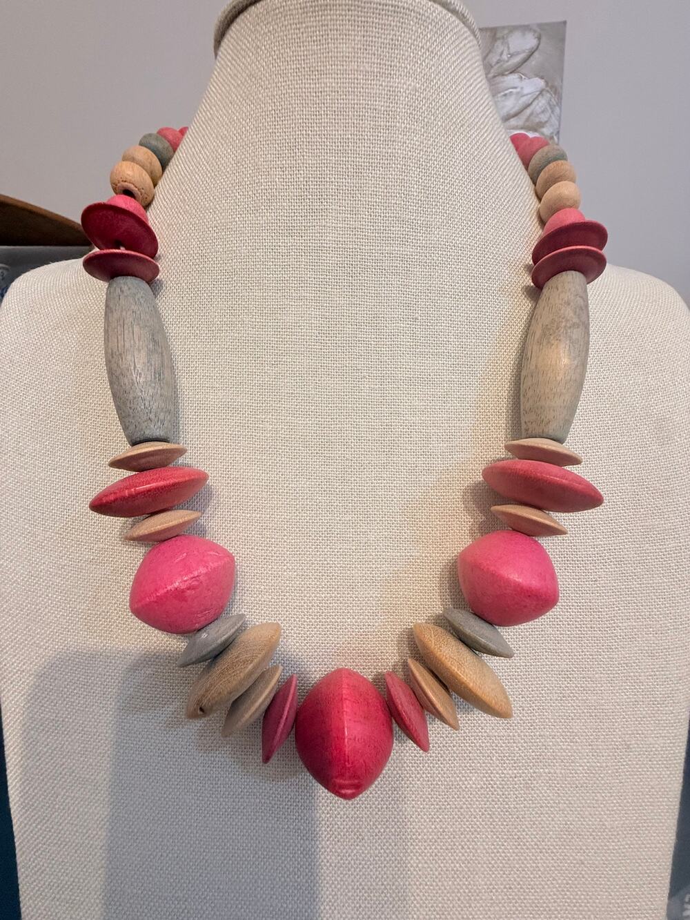 Vintage 22” Painted Wood Chunky Statement Necklace